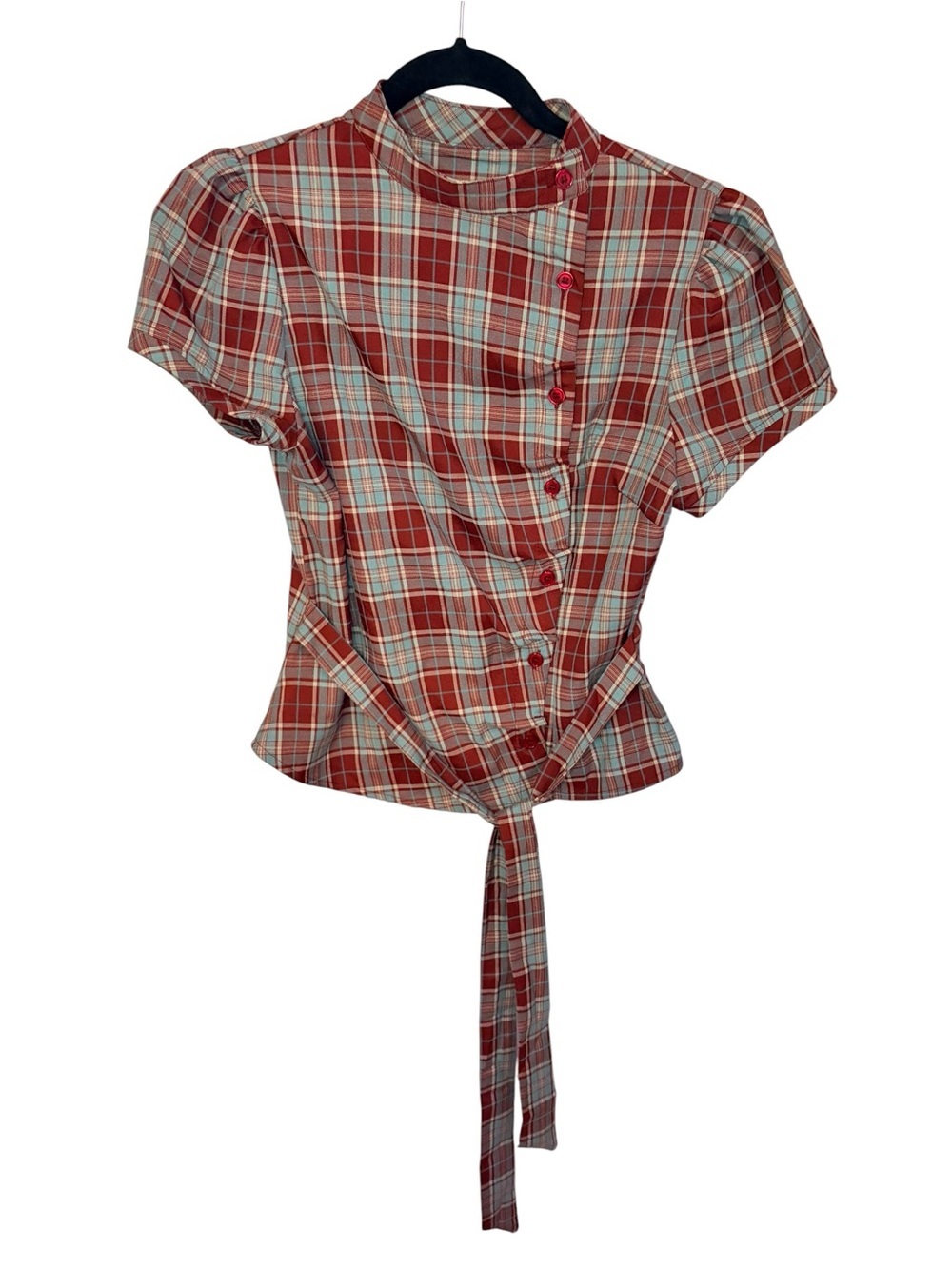Cider Red and Cream Plaid Tie-Front Short Sleeve Blouse